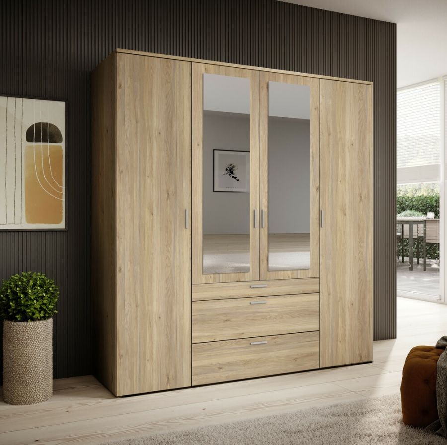 Kleerkast Versus 4 deuren 3 laden met spiegel decor eiken