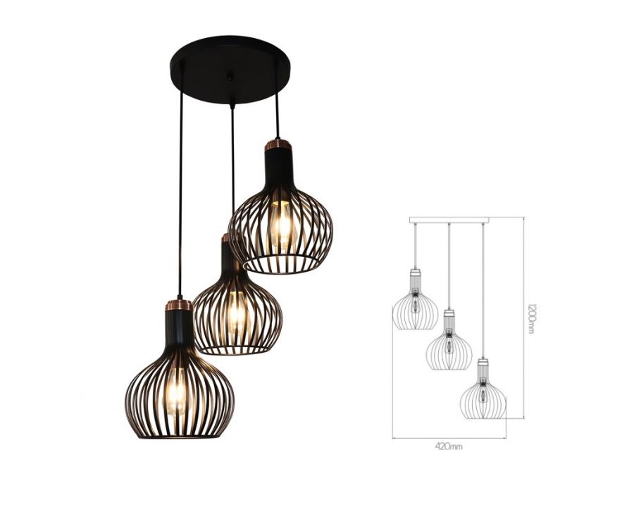 3403551 RAGA Hanglamp 3xE27 rond zwart mat koper
