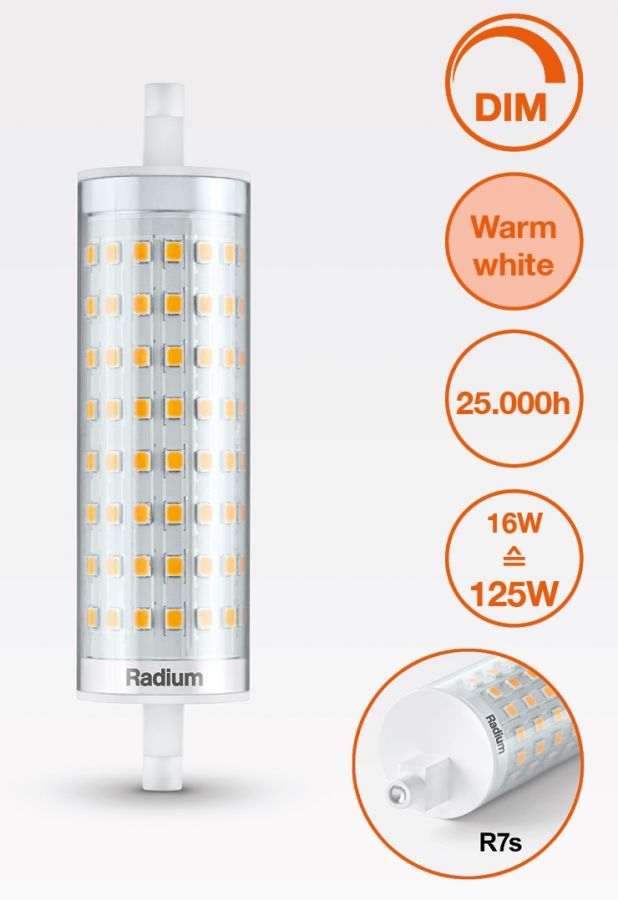 LED Lineair R7s 118mm 15w 125 2000lm 2700k Dim
